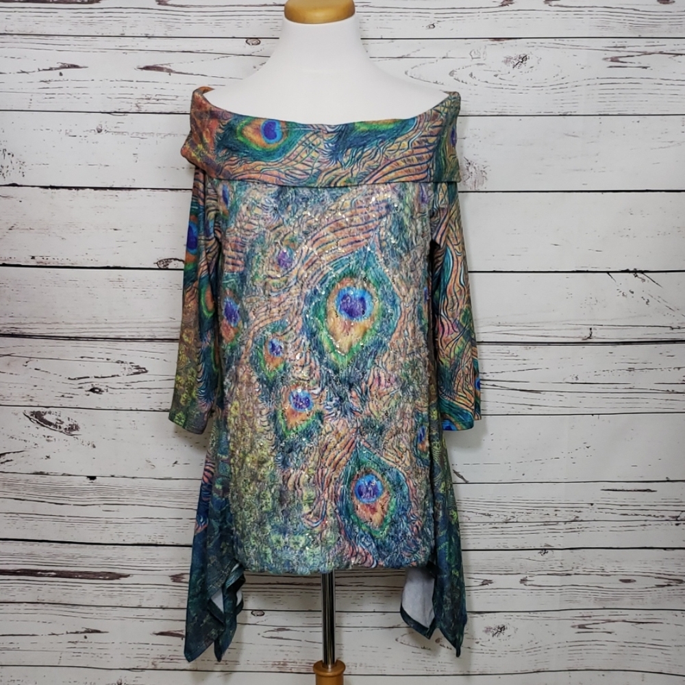 The Pyramid Collection Off-Shoulder Peacock Print Tunic in Teal, Blue, Green